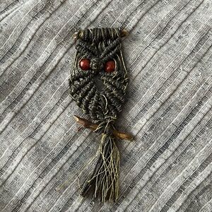 Handmade vintage macrame owl brooch